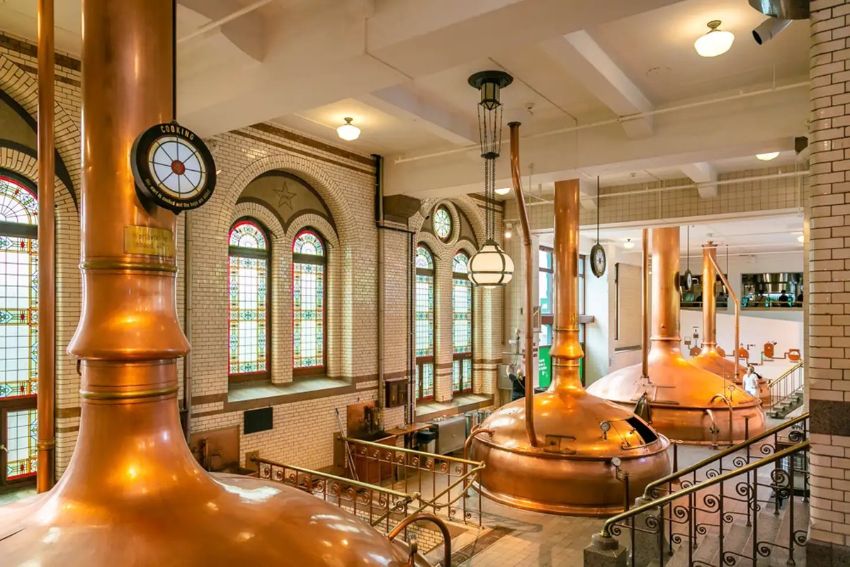Historic copper brewing vessels inside the Heineken Experience